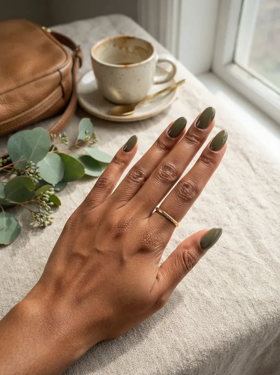 Muted moss green nails on warm brown skin with earthy autumn props