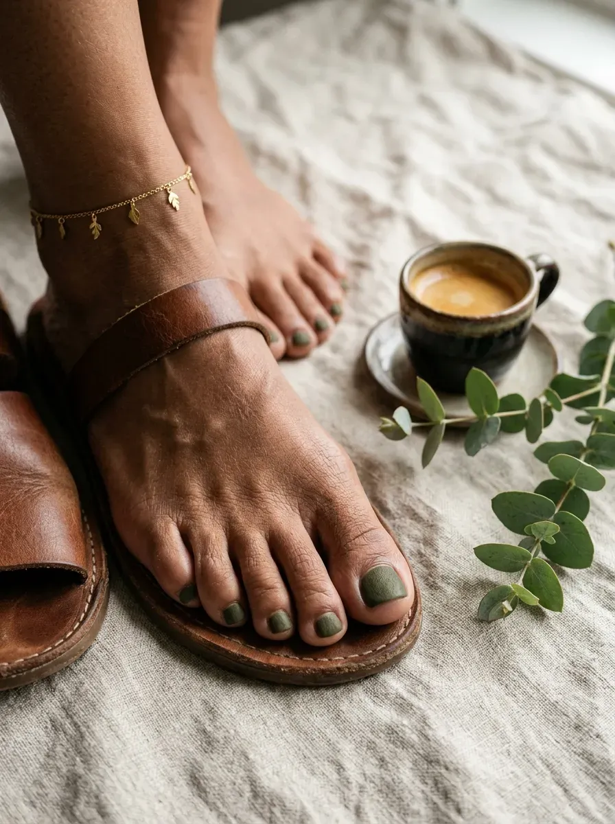 Muted moss green toenails on warm brown skin with earthy fall accessories