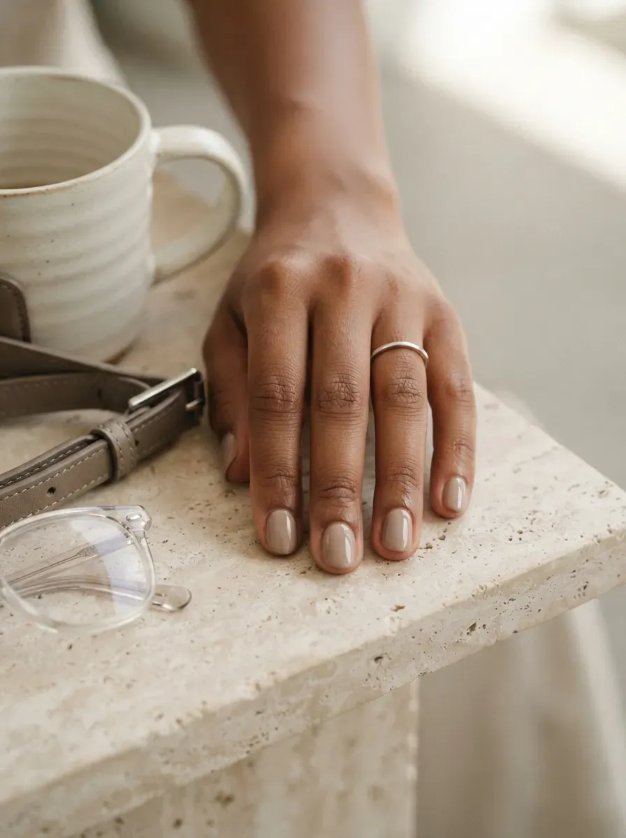 Mushroom taupe short nails on warm brown skin with gray accessories