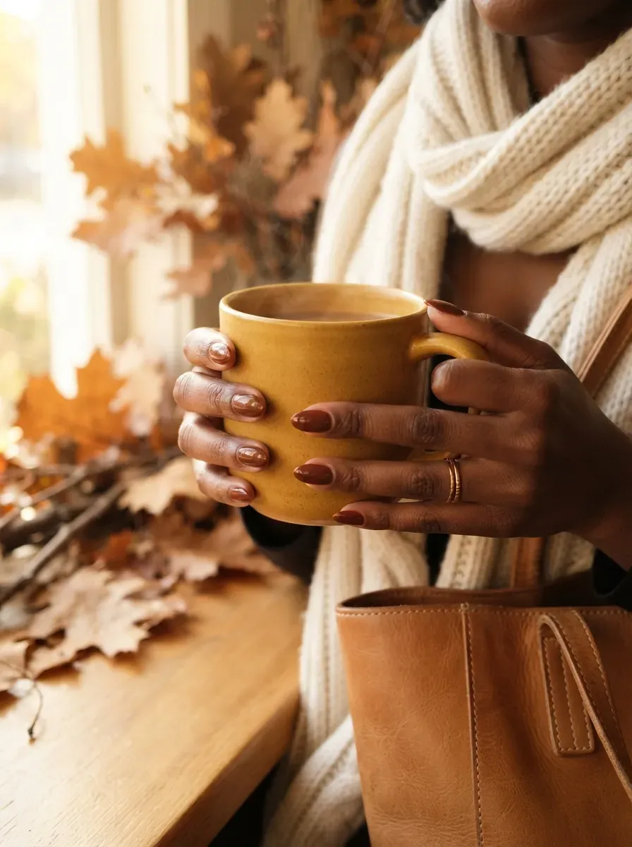 Mustard yellow deep French tips on almond nails over dark brown skin