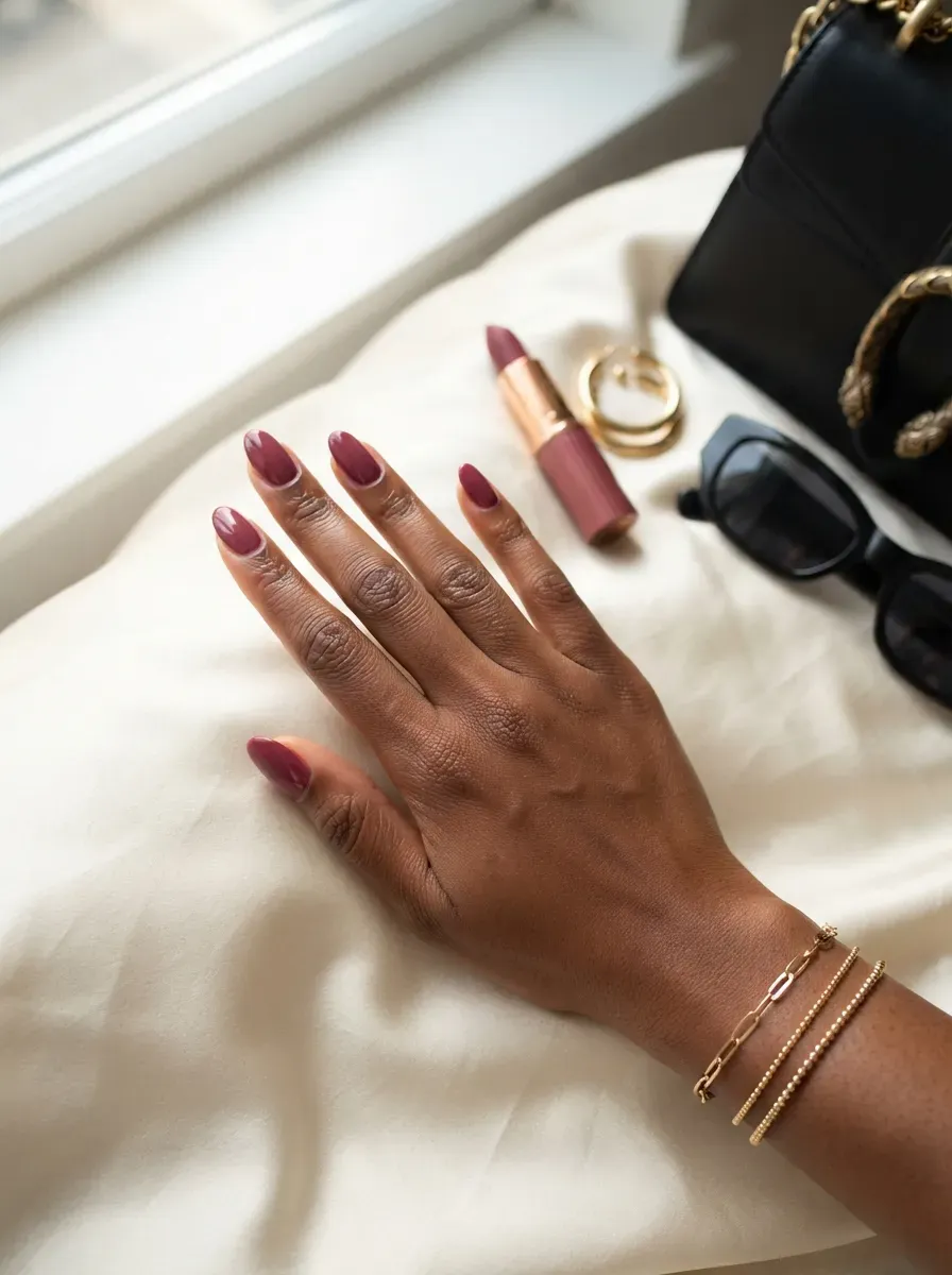 Muted cranberry oval nails on rich brown skin with burgundy accessories