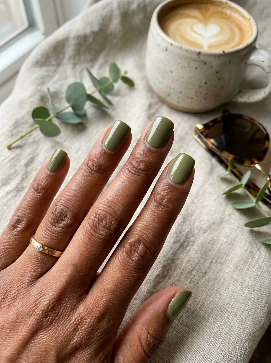 Short glossy olive nails on warm brown skin beside early fall accessories