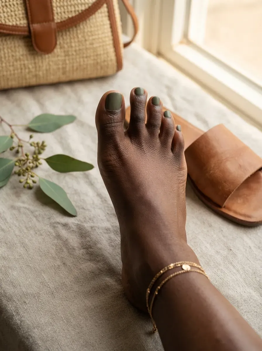 Muted olive green toenails on rich dark skin beside earthy accessories