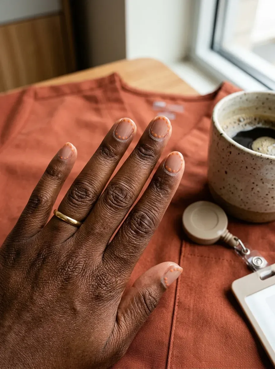 Short nude nails with muted orange dots along rounded free edges