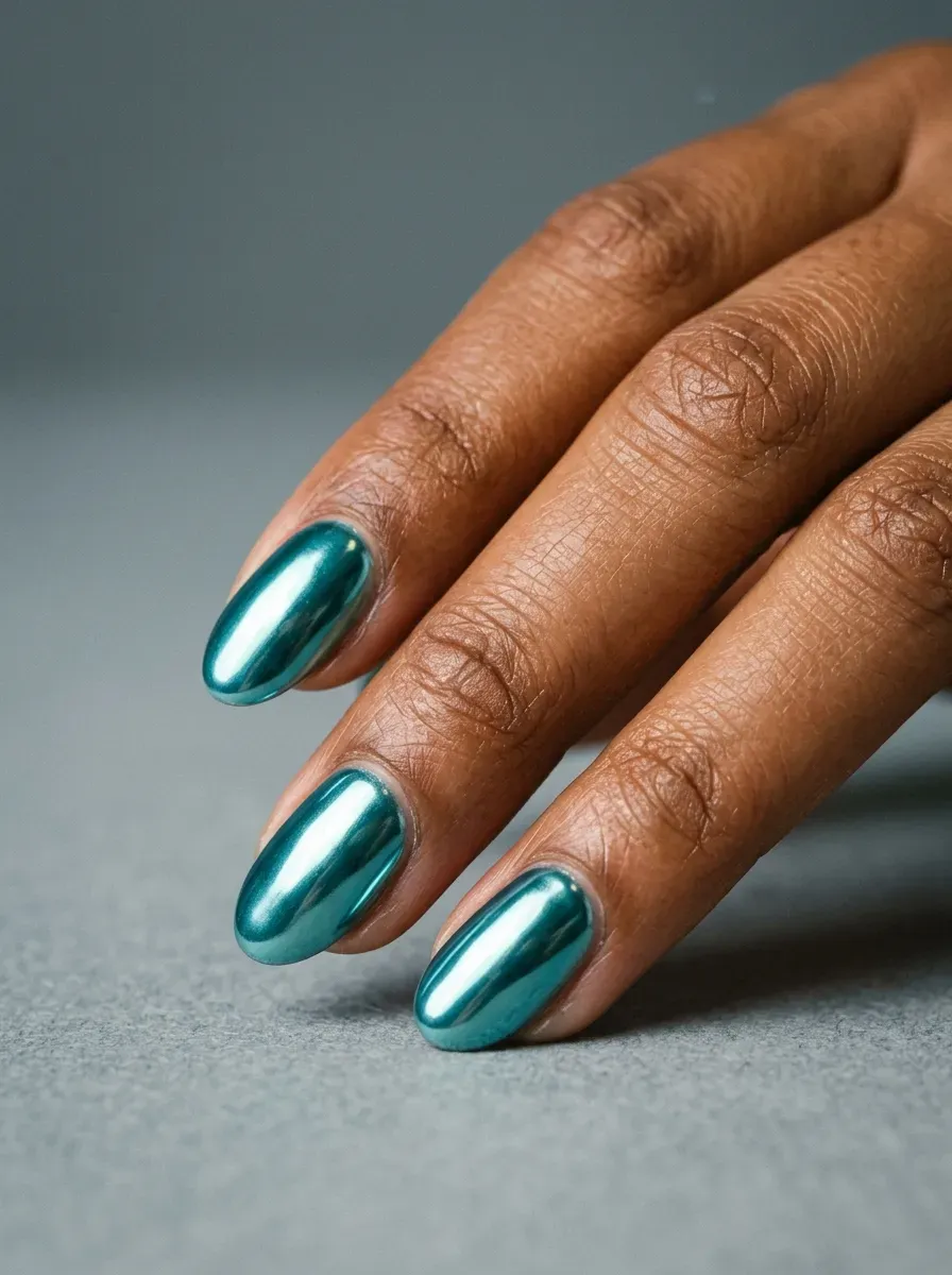 Chrome-finish teal nails photographed in close-up