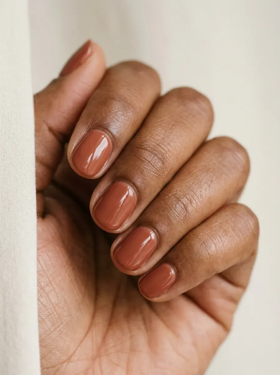 Short rounded nails with muted terracotta glossy gel polish on warm brown skin