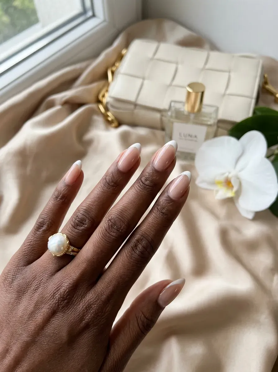 Medium natural almond nails with soft white tips and sheer beige base