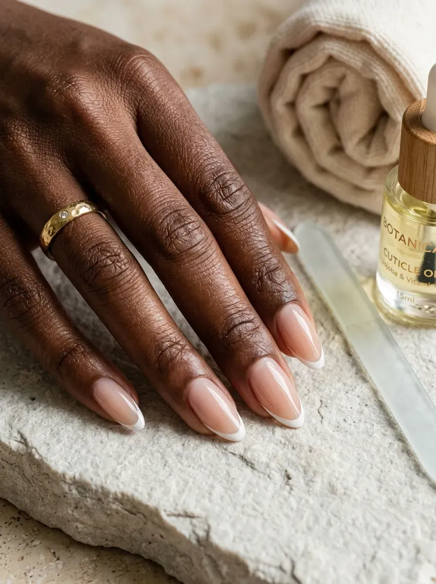 Builder gel almond nails with sheer nude base and fine white tips