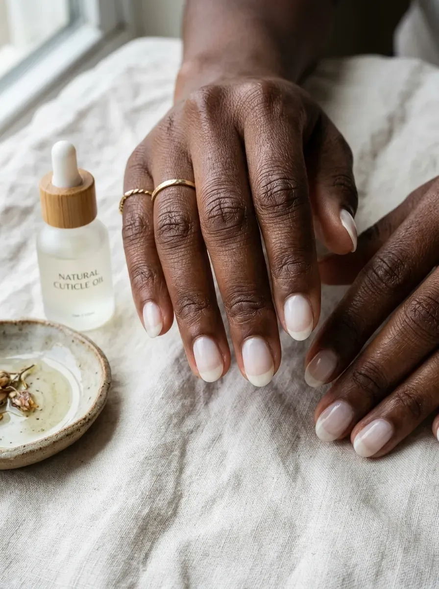 Natural nails with translucent milky polish enhancing their existing white edges