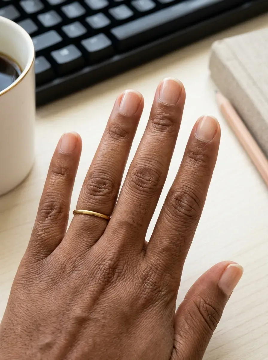 Very short natural nails with ultra fine ivory French tip lines
