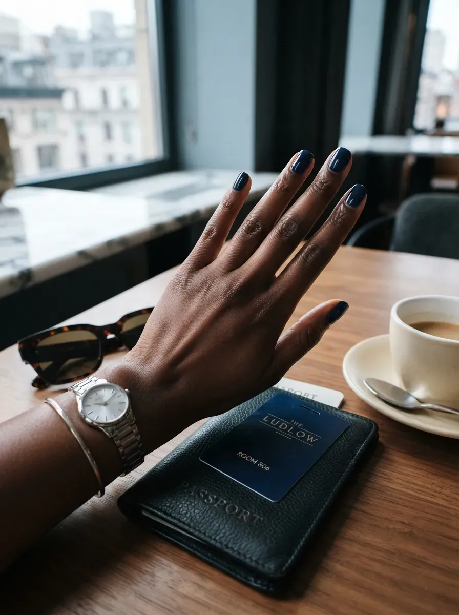 Short navy nails on deep brown skin with city travel accessories
