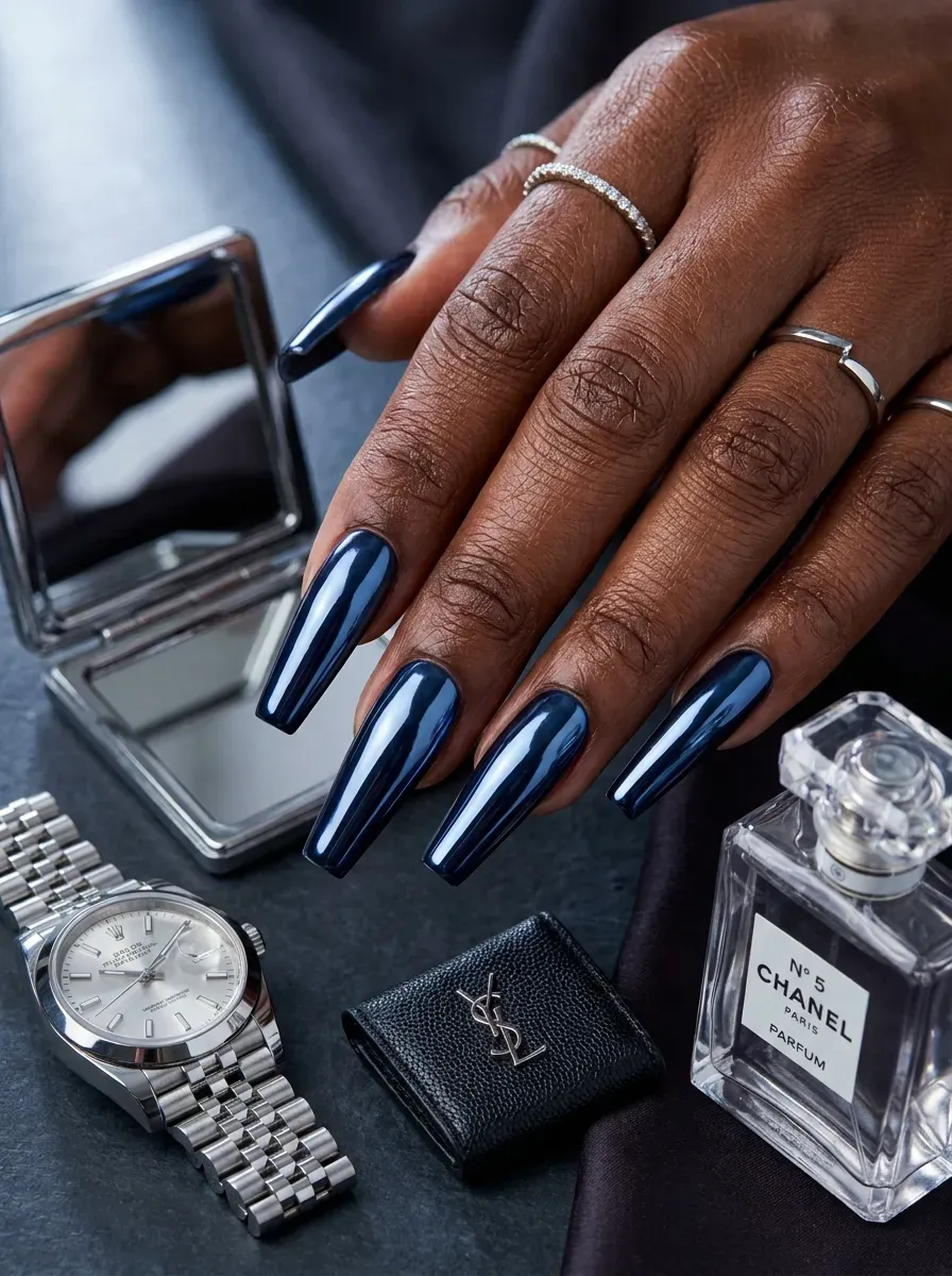 Long coffin nails with reflective navy chrome finish on deep brown skin