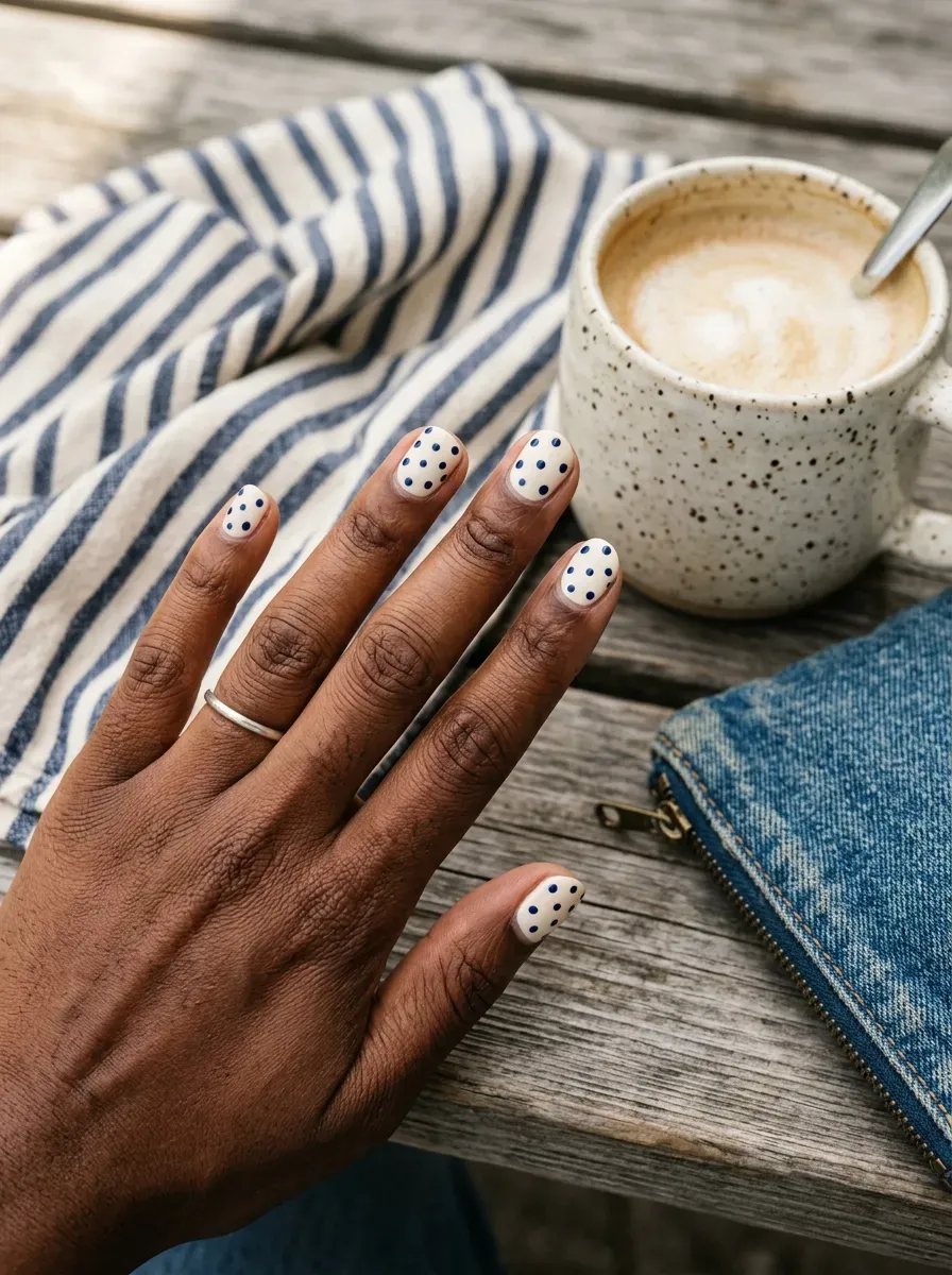 Cream short nails with tiny navy dots on deep brown skin