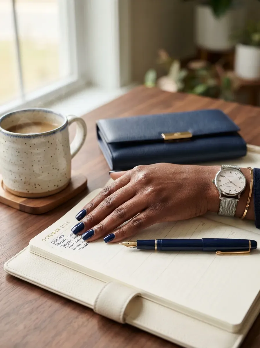 Navy deep French tips on square nails with deep chestnut skin