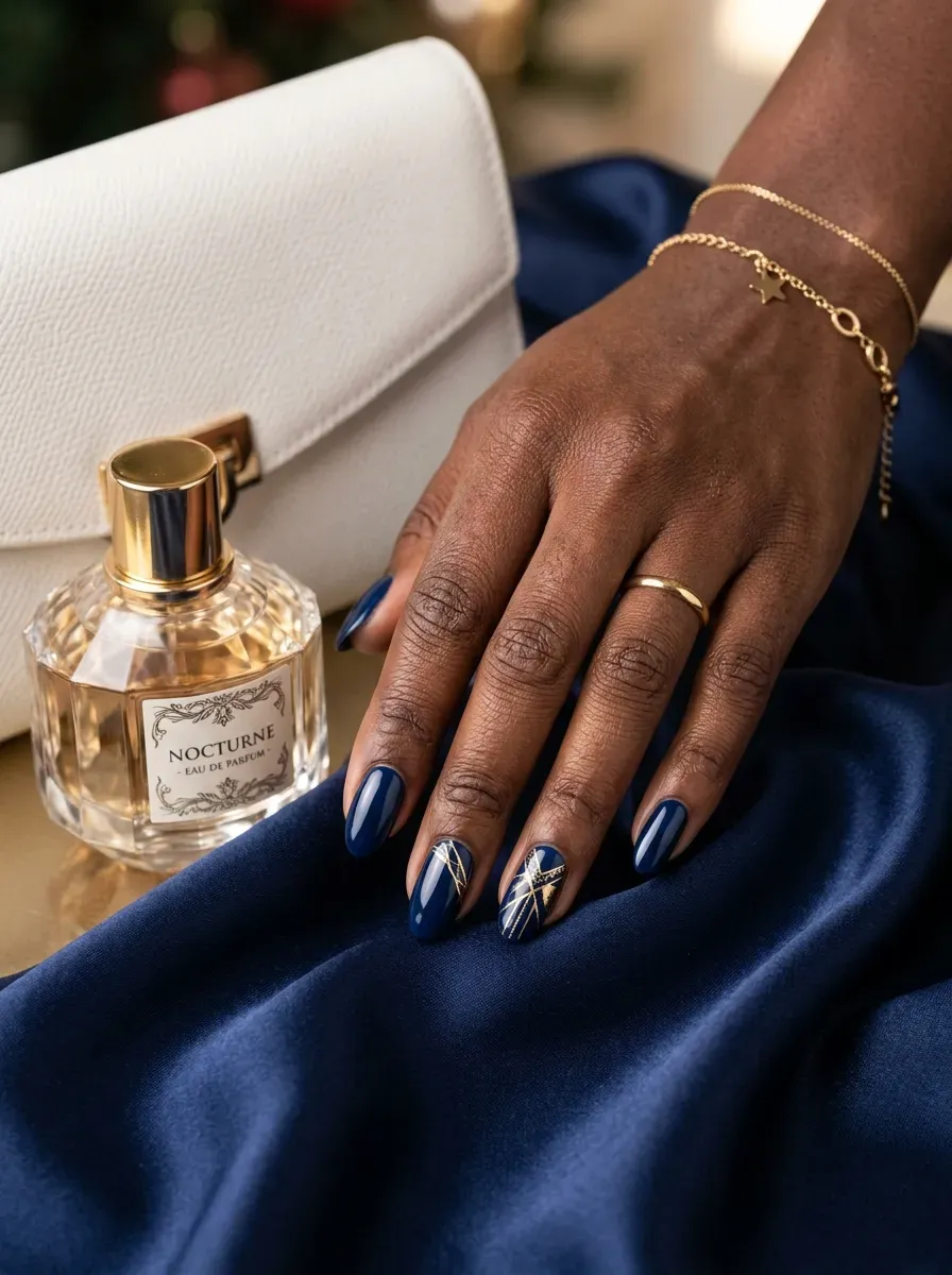 Navy nails with fine gold accents on rich dark skin