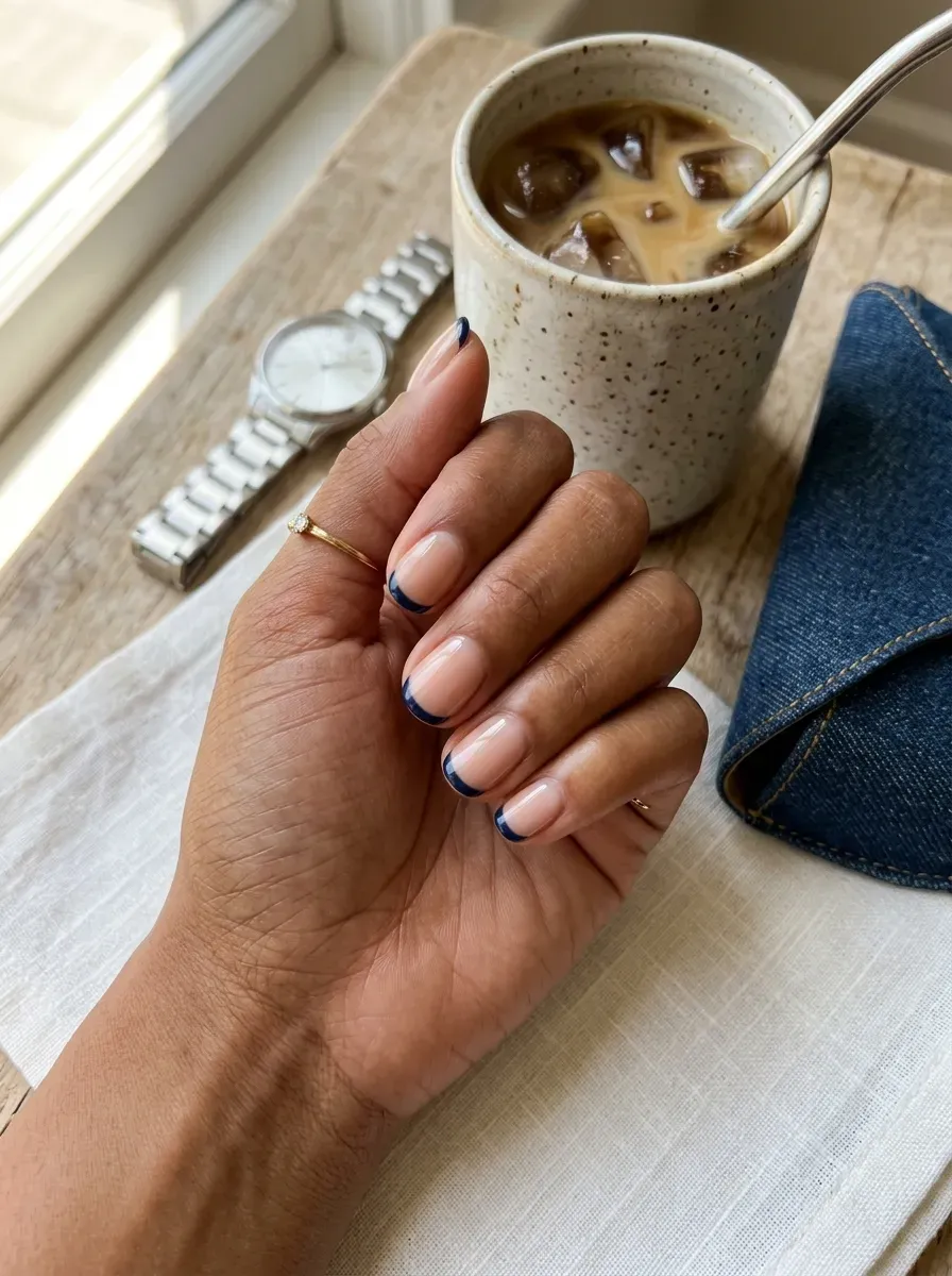 Short nude nails with thin navy French tips on warm brown skin