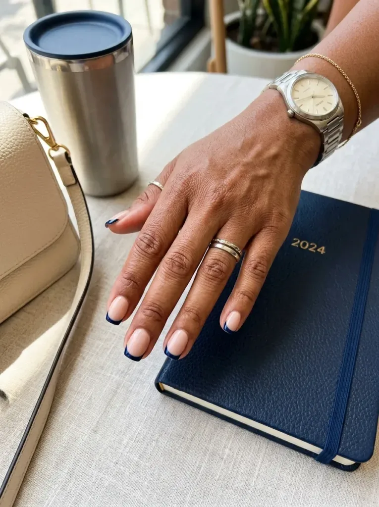 Short nude nails finished with slim navy blue French tips