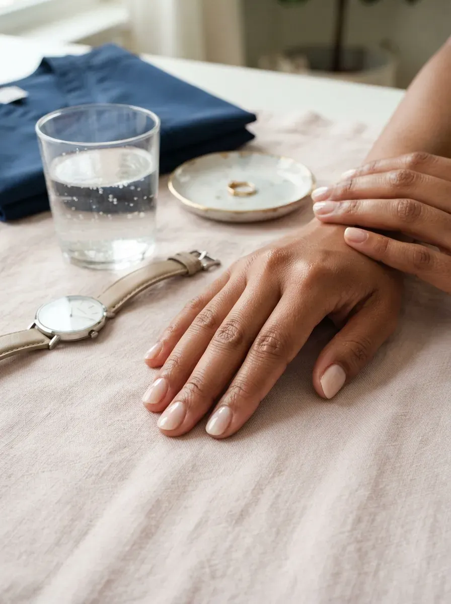Short nude squoval nails with evenly painted navy micro French tips