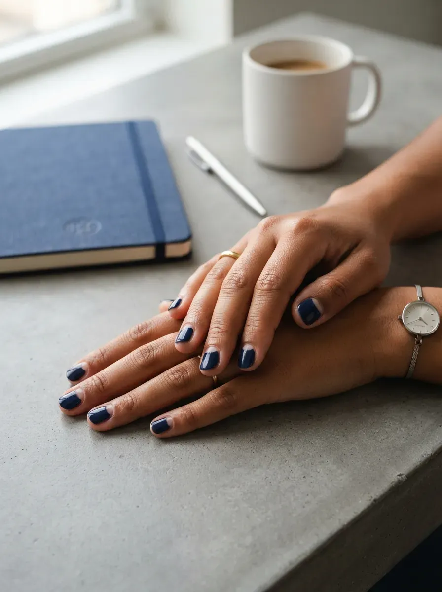Short navy nails with bare half-moon details on warm medium-brown skin