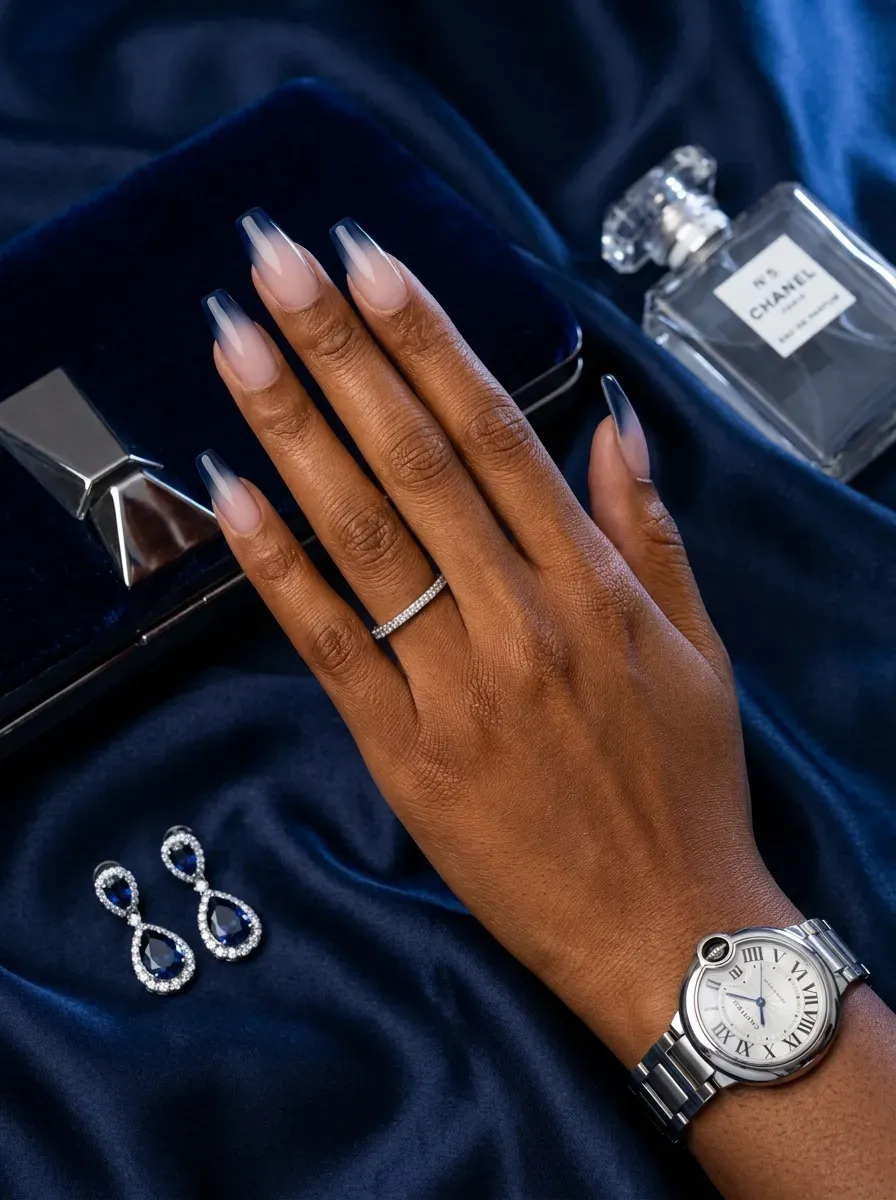 Navy French ombré on coffin nails with chestnut skin