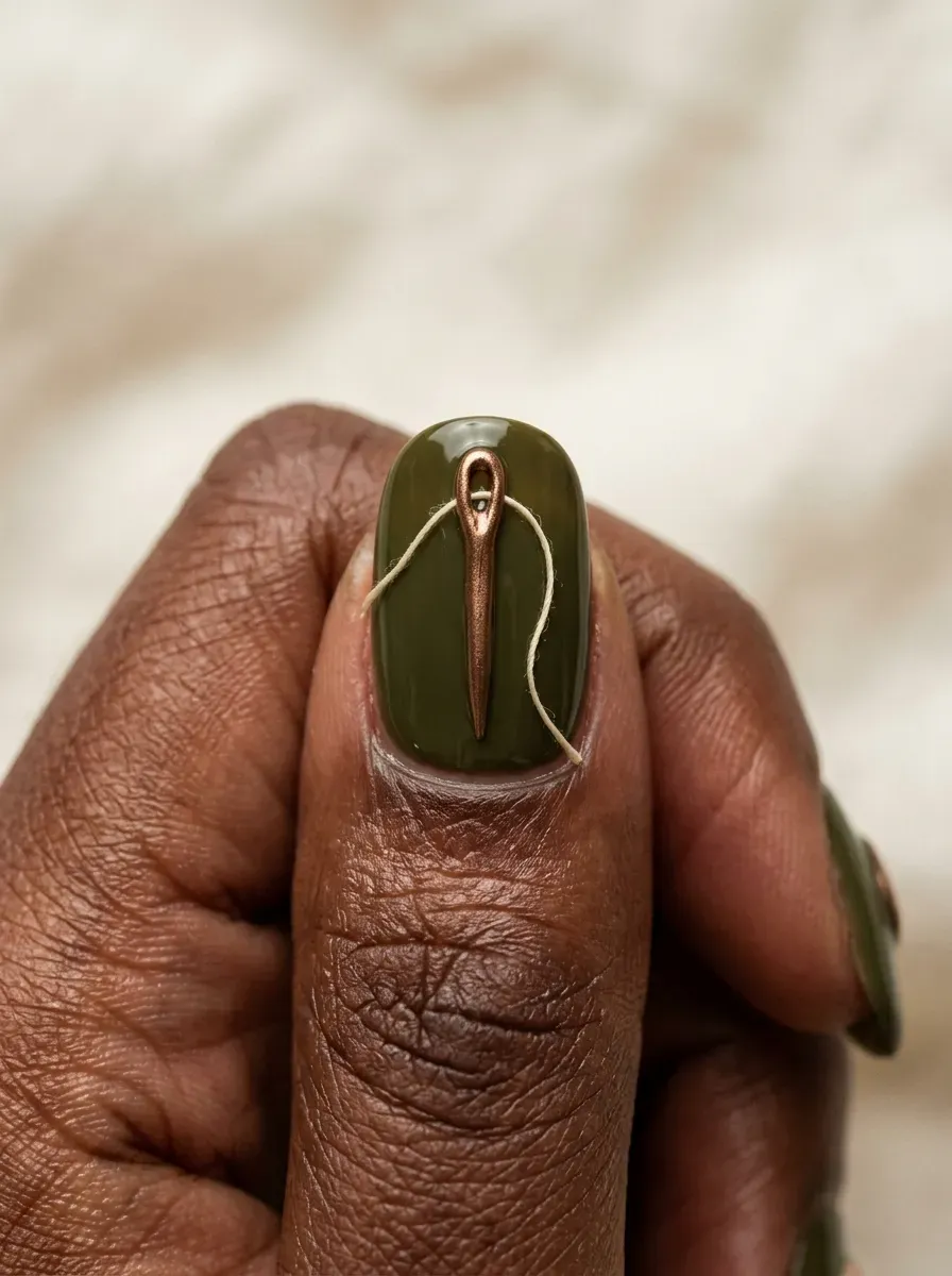 Raised 3D thread and needle detail nail art on accent nail