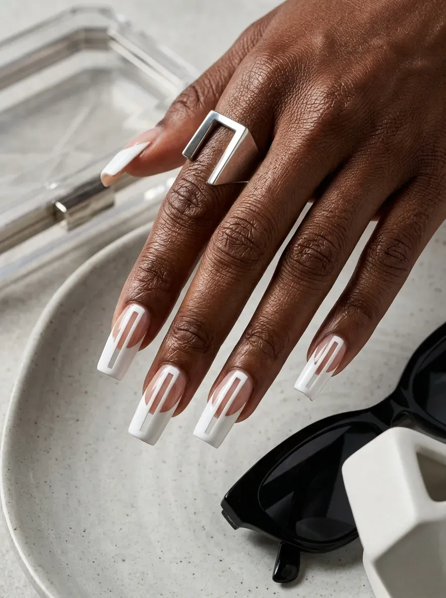 Graphic French tips with narrow nude cutouts on long square nails