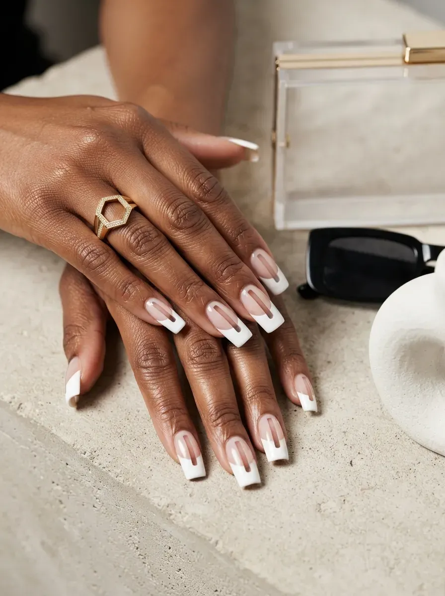 Deep French tips with nude cutouts on long square nails