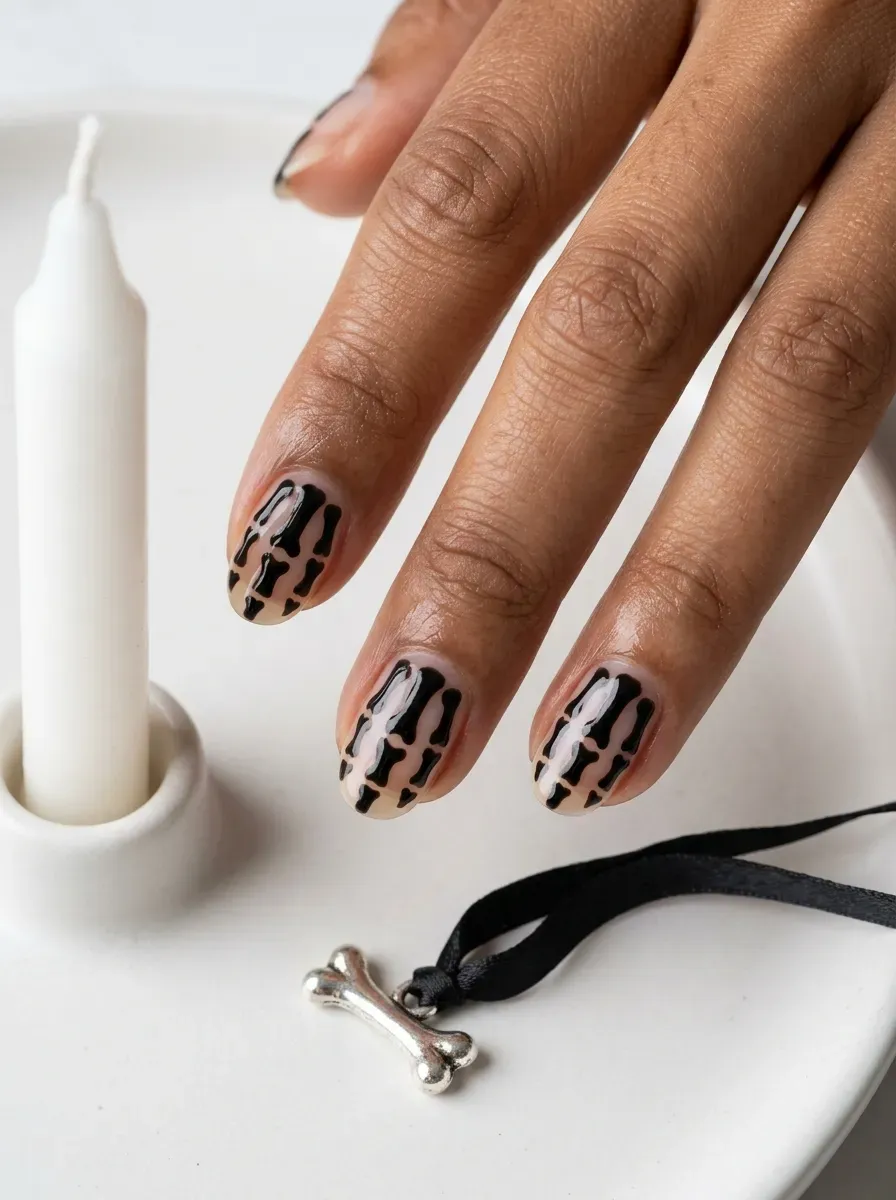 Nails with negative space bone and joint line art leaving bare nail visible on brown skin with warm undertones