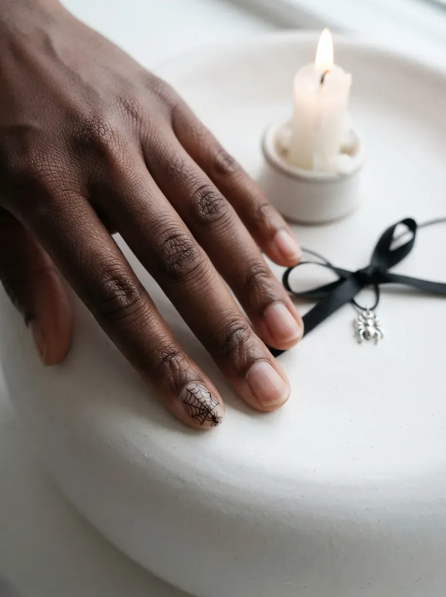 Short nails with a black spiderweb painted in one corner leaving the rest of the nail bare on rich dark skin tone