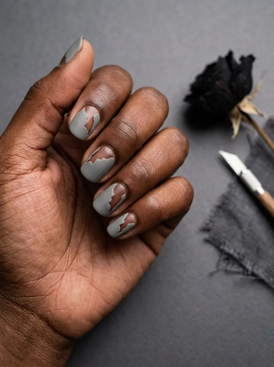 Close-up of negative space torn skin nail art on rich dark skin tone
