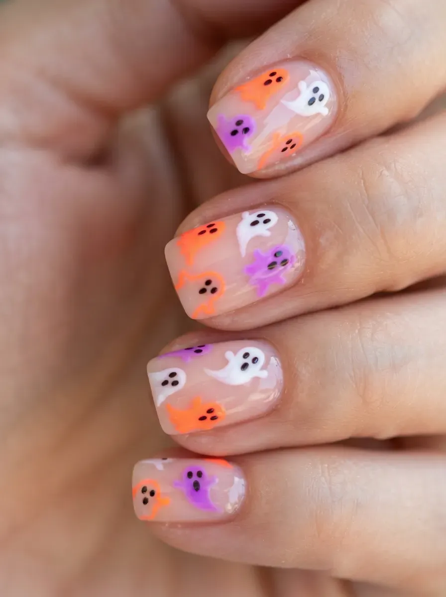 Short nails with neon orange purple and white ghost inspired Summerween art