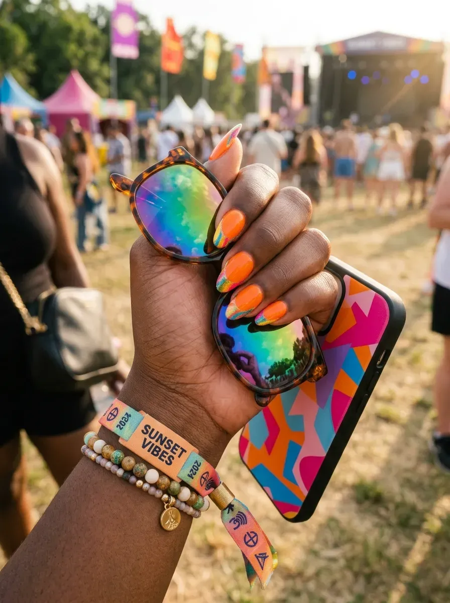 Neon micro French tips on short almond nails over rich dark skin