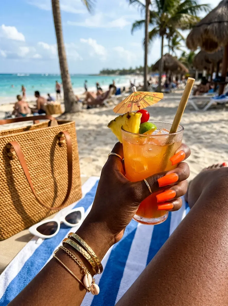 Long neon orange square nails on deep brown skin in bright summer light