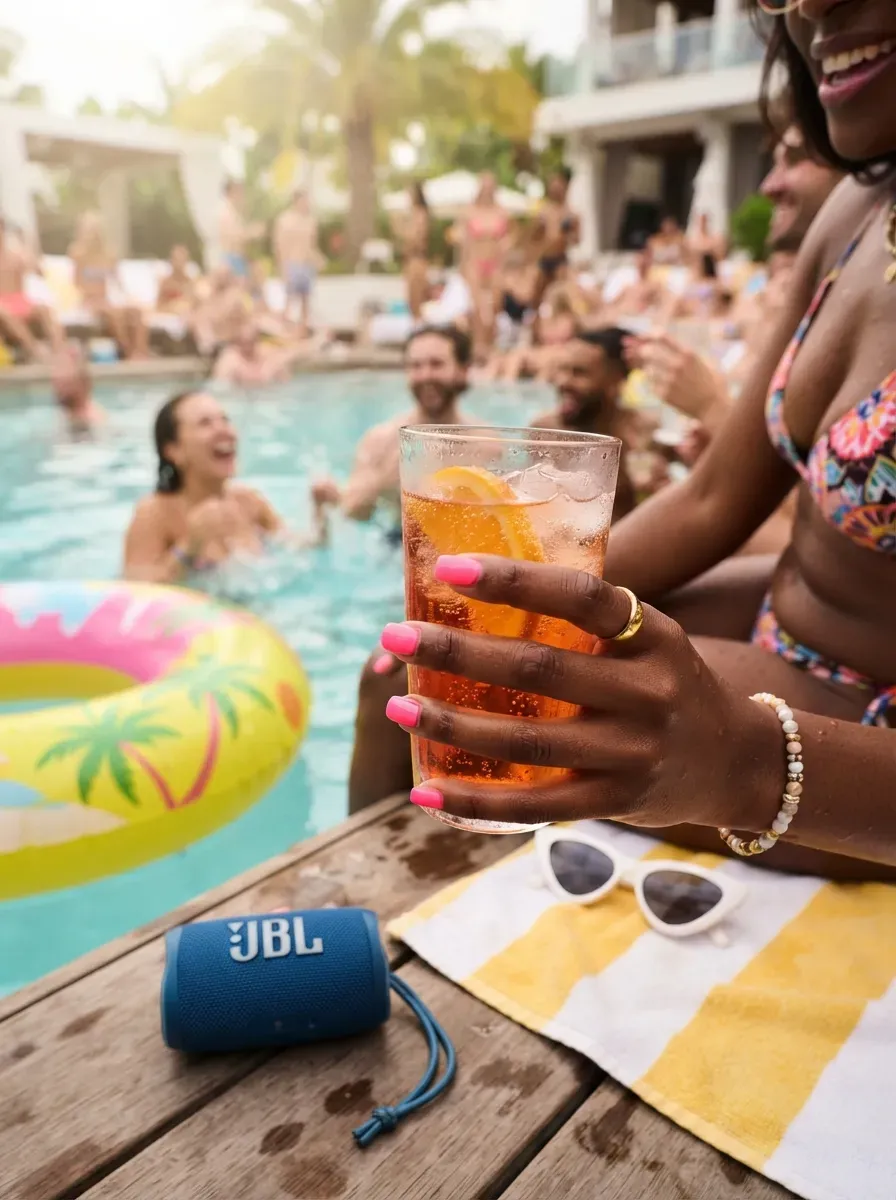 Bright neon pink polish on short square nails at a pool party