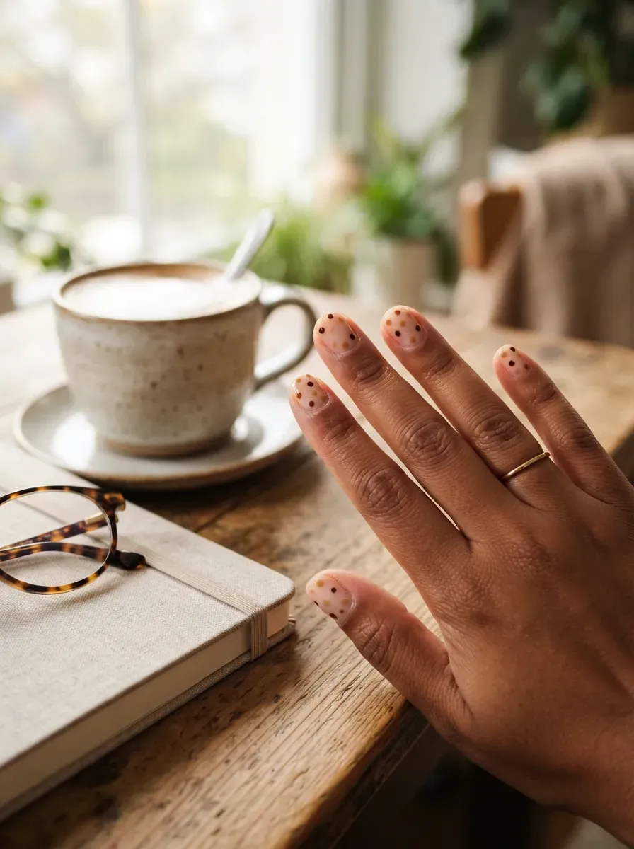 Short nude nails with tiny brown dots on warm brown skin