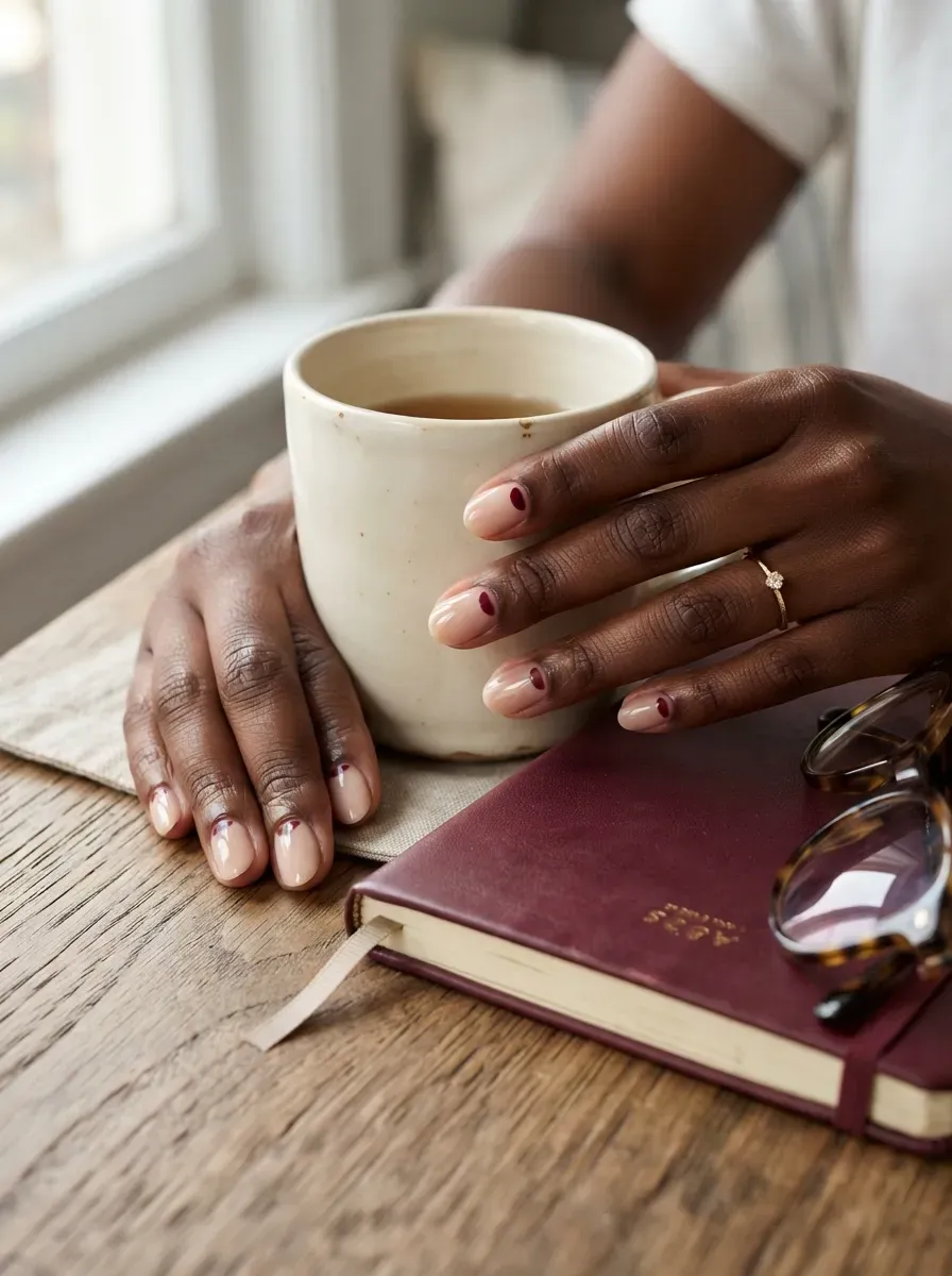 Sheer nude nails with burgundy half moons on rich dark skin