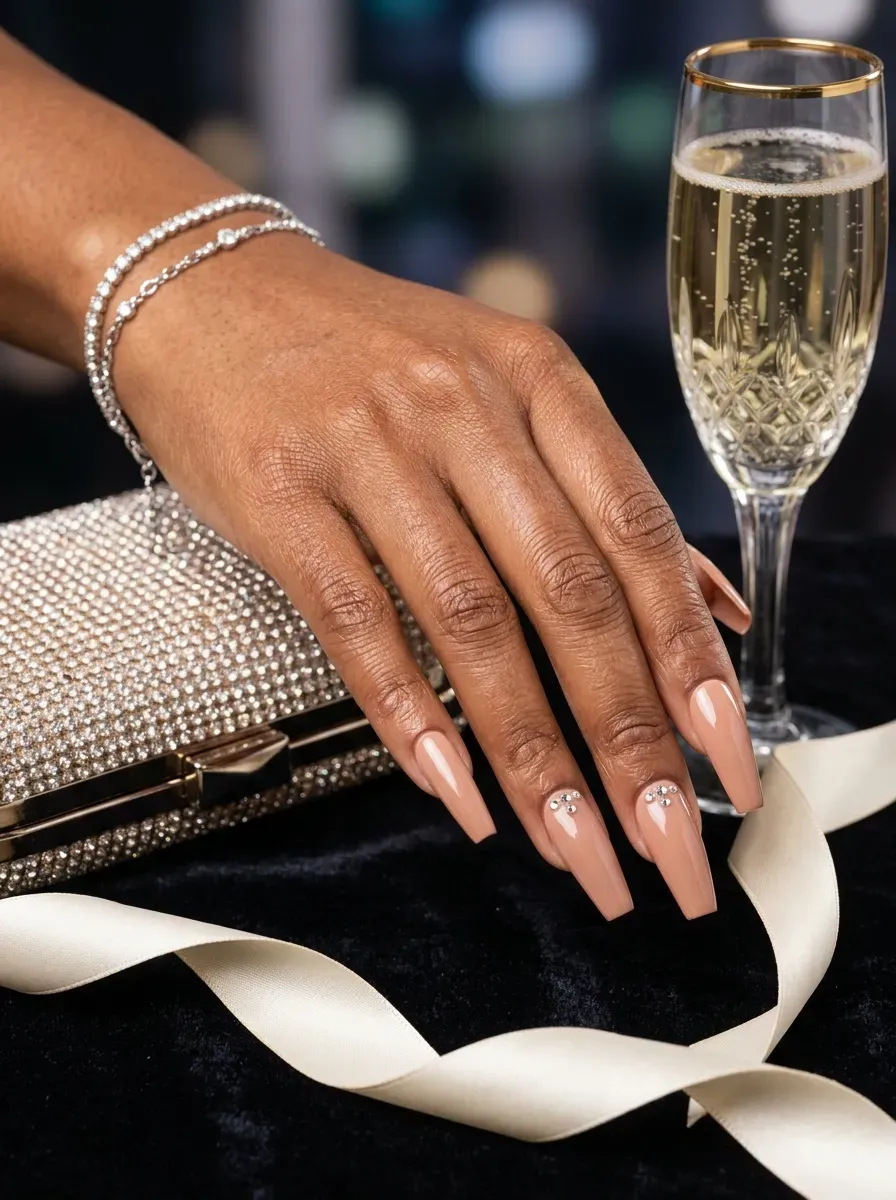 Long nude coffin nails with tiny crystals near cuticles on brown skin