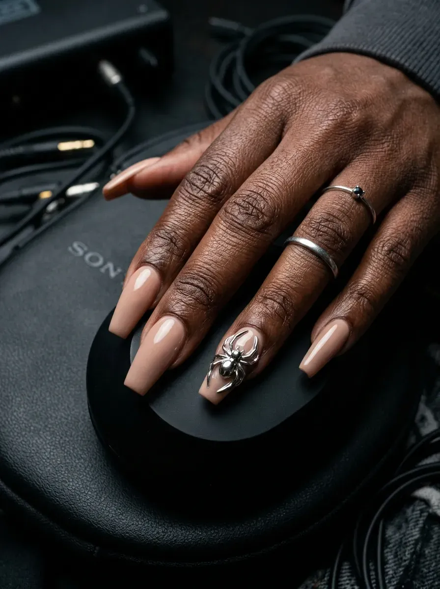 Nude gel nails featuring a raised 3D metallic silver spider accent