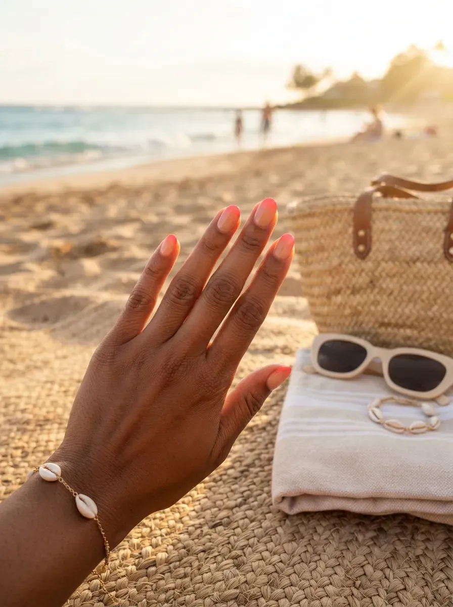 Short oval nails fading from warm nude into coral tips