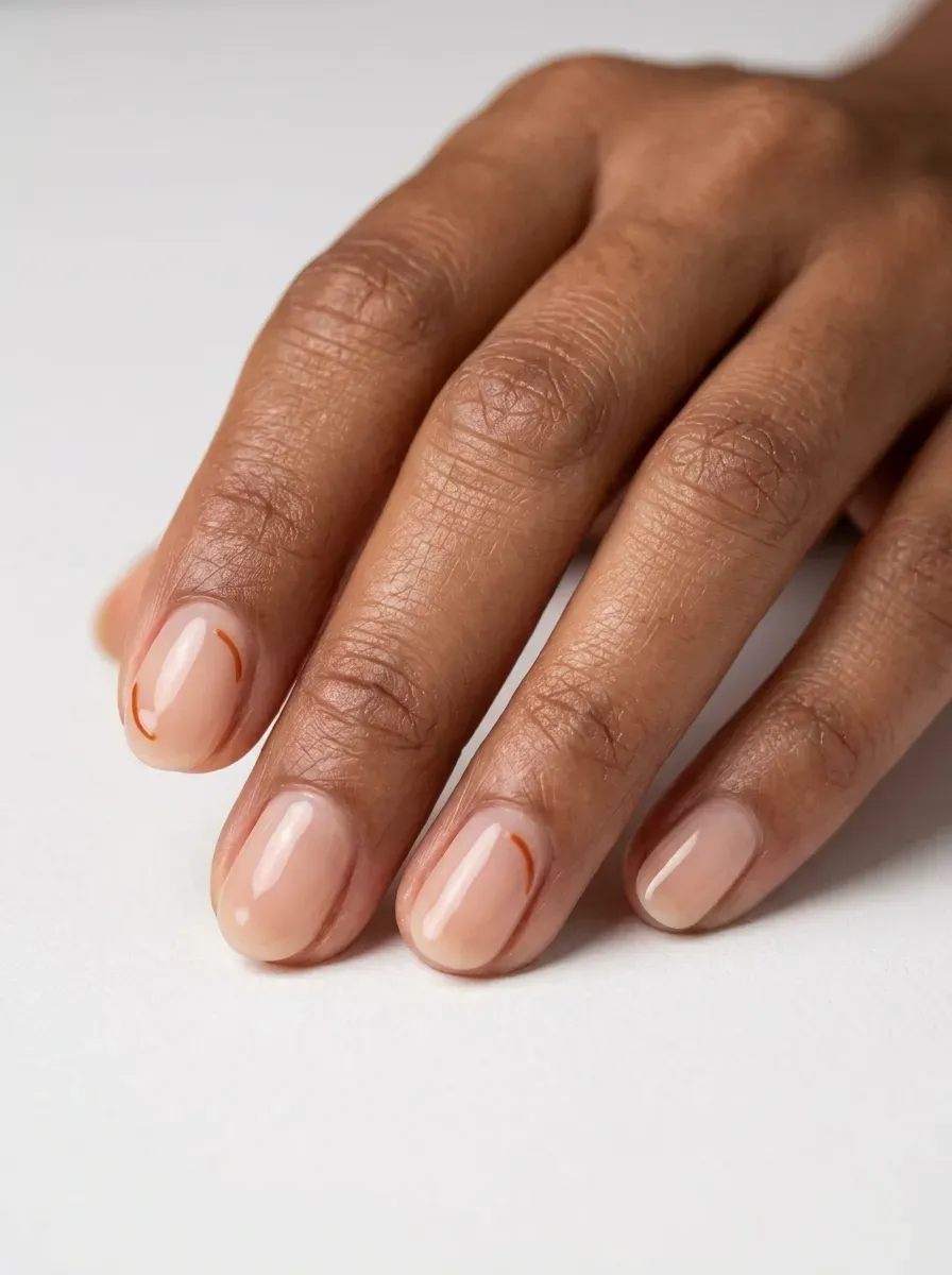 Short oval nude gel nails with tiny rust orange accent details on warm skin