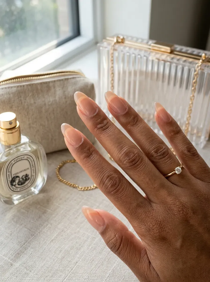 Translucent nude jelly French tips on clear almond nails with brown skin