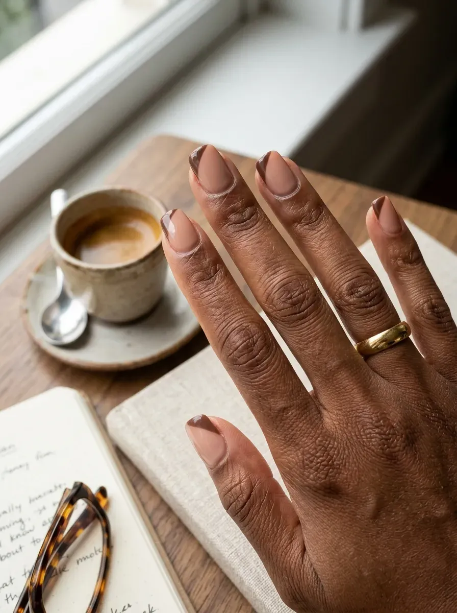 Short nude nails with diagonal mocha side-swipe accents on brown skin
