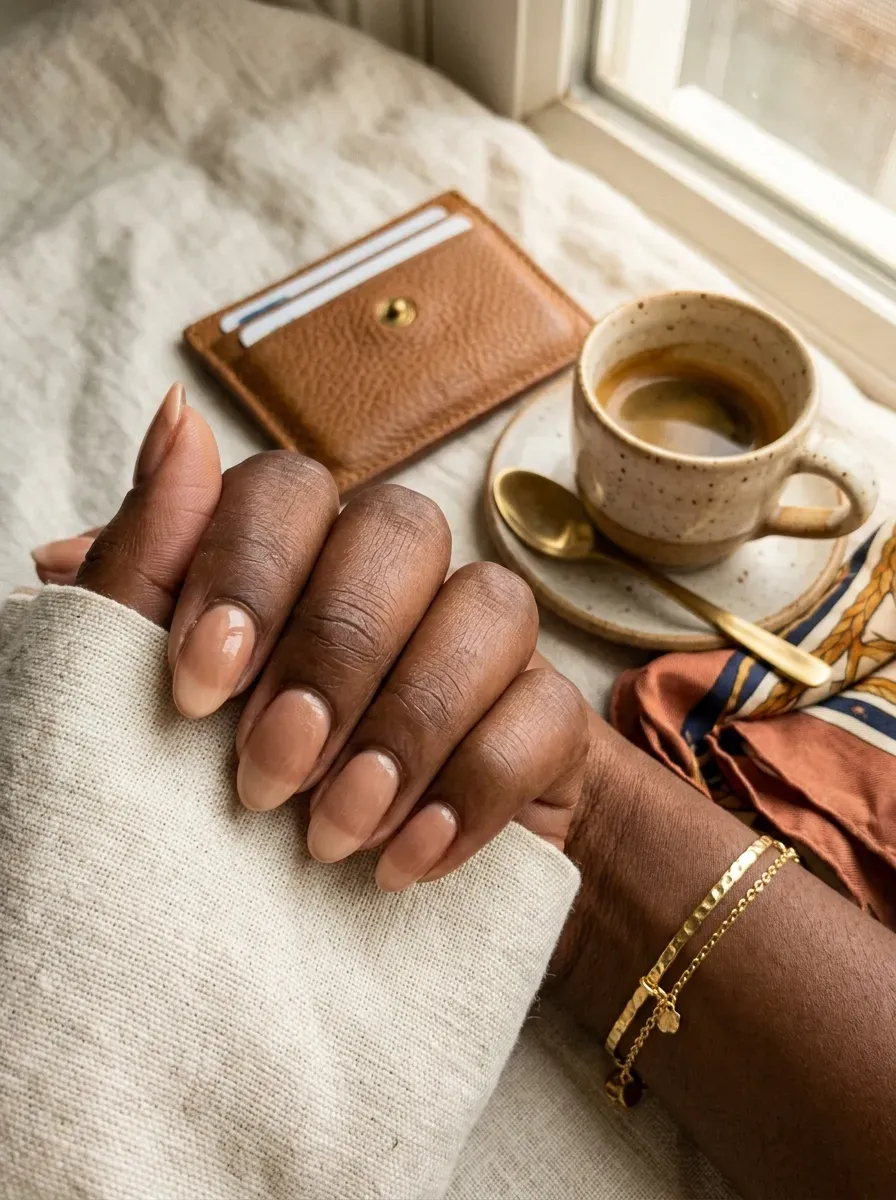 Tonal nude French tips over sheer beige almond nails
