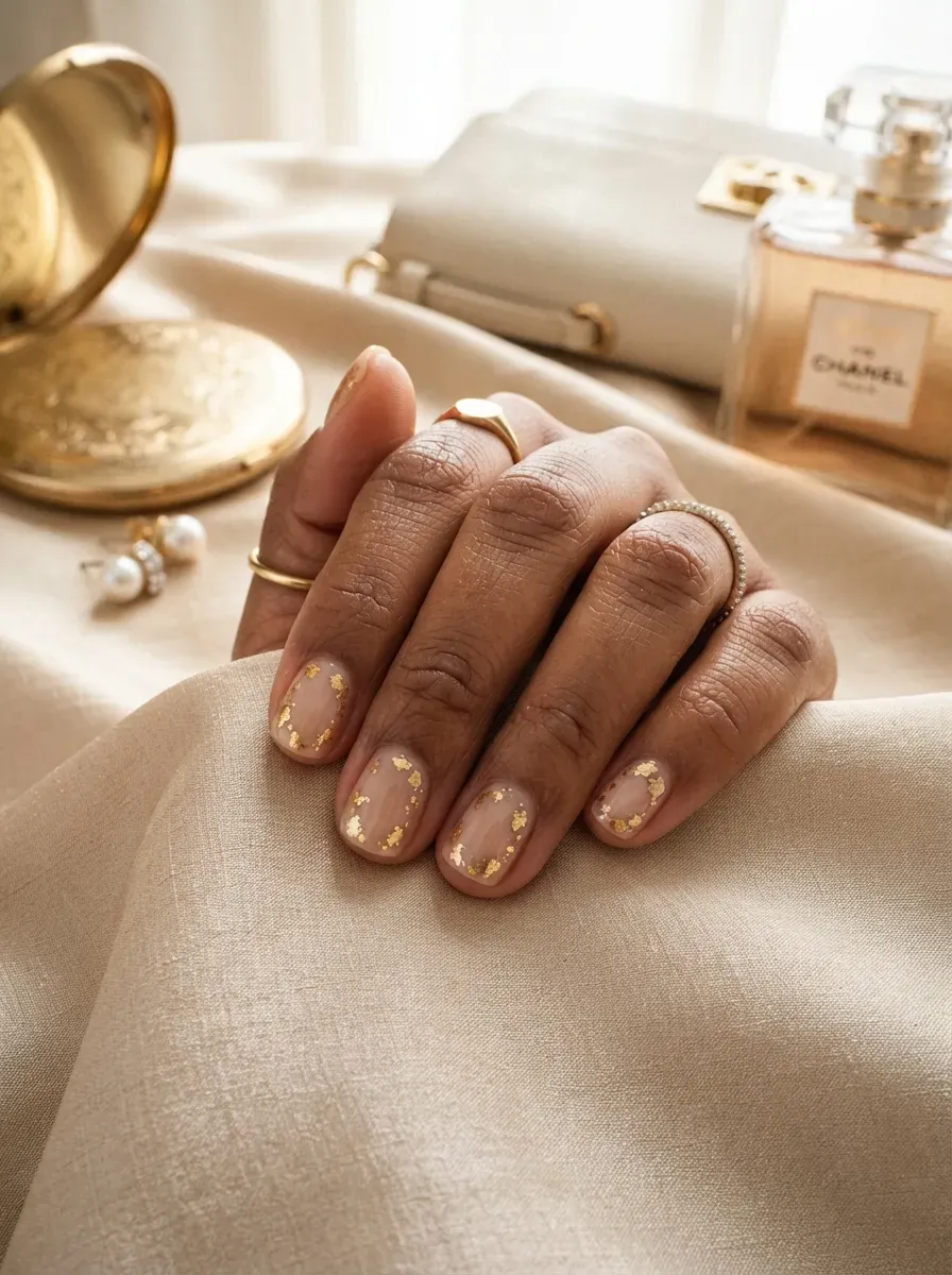 Short nude nails decorated with delicate irregular gold foil on brown skin