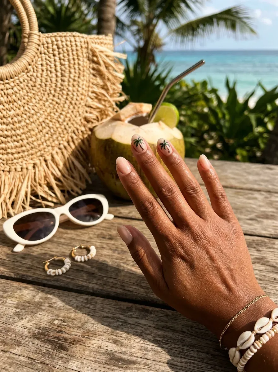 Sheer nude nails with tiny palm accents on deep chestnut skin