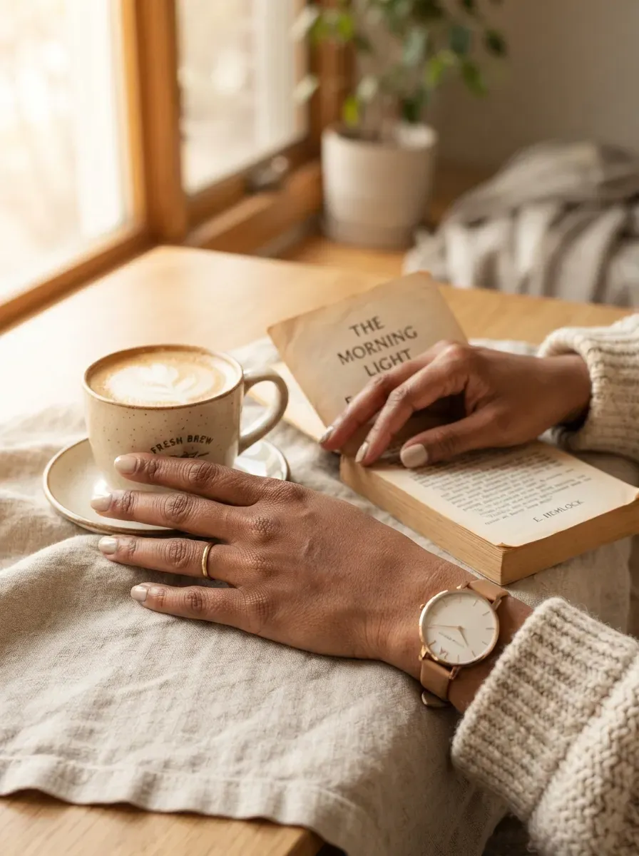 Creamy oatmeal beige nails on warm brown skin with cozy neutral props