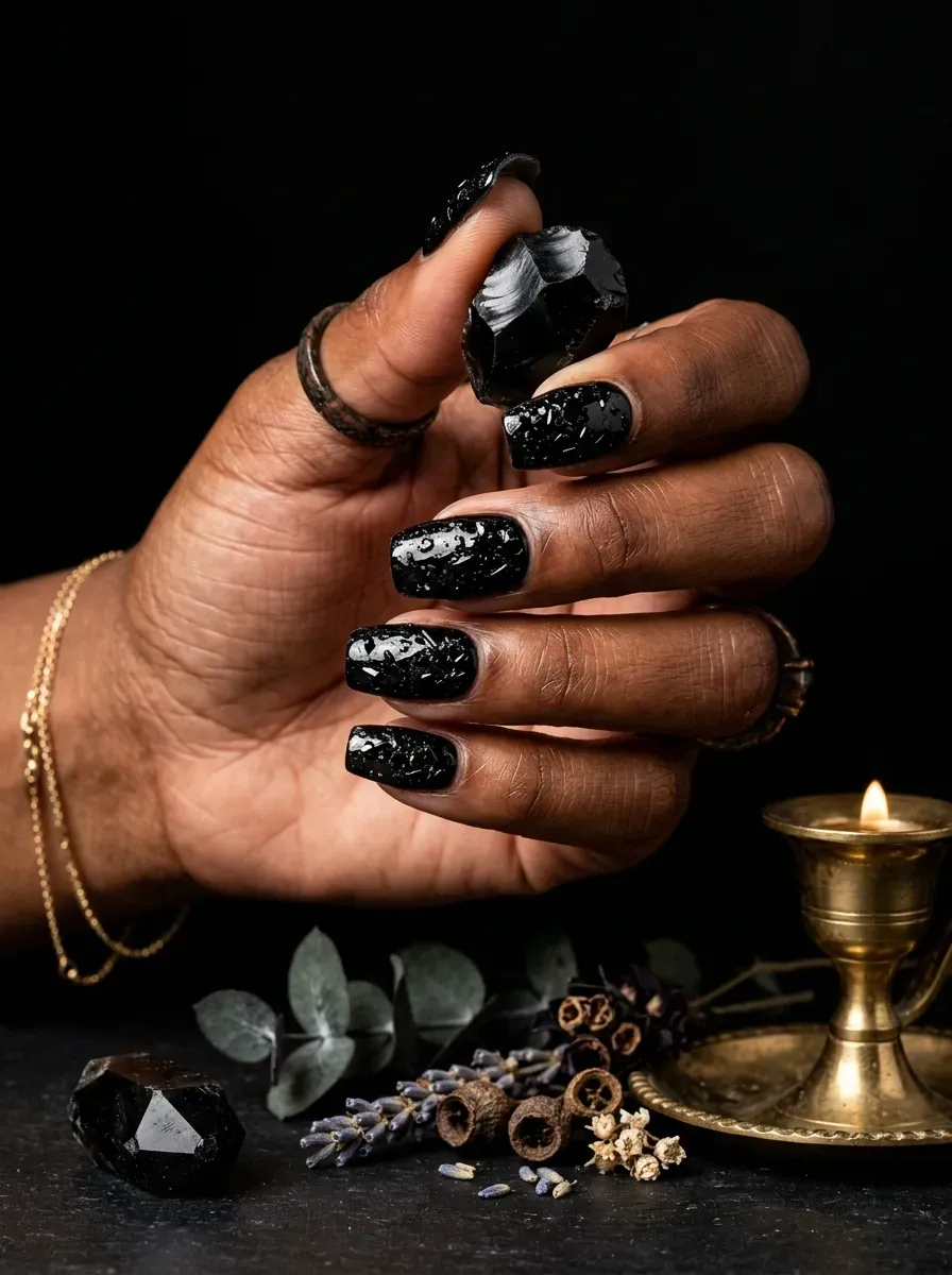 Nails with scattered black glass fleck texture over a glossy black base on deep brown skin
