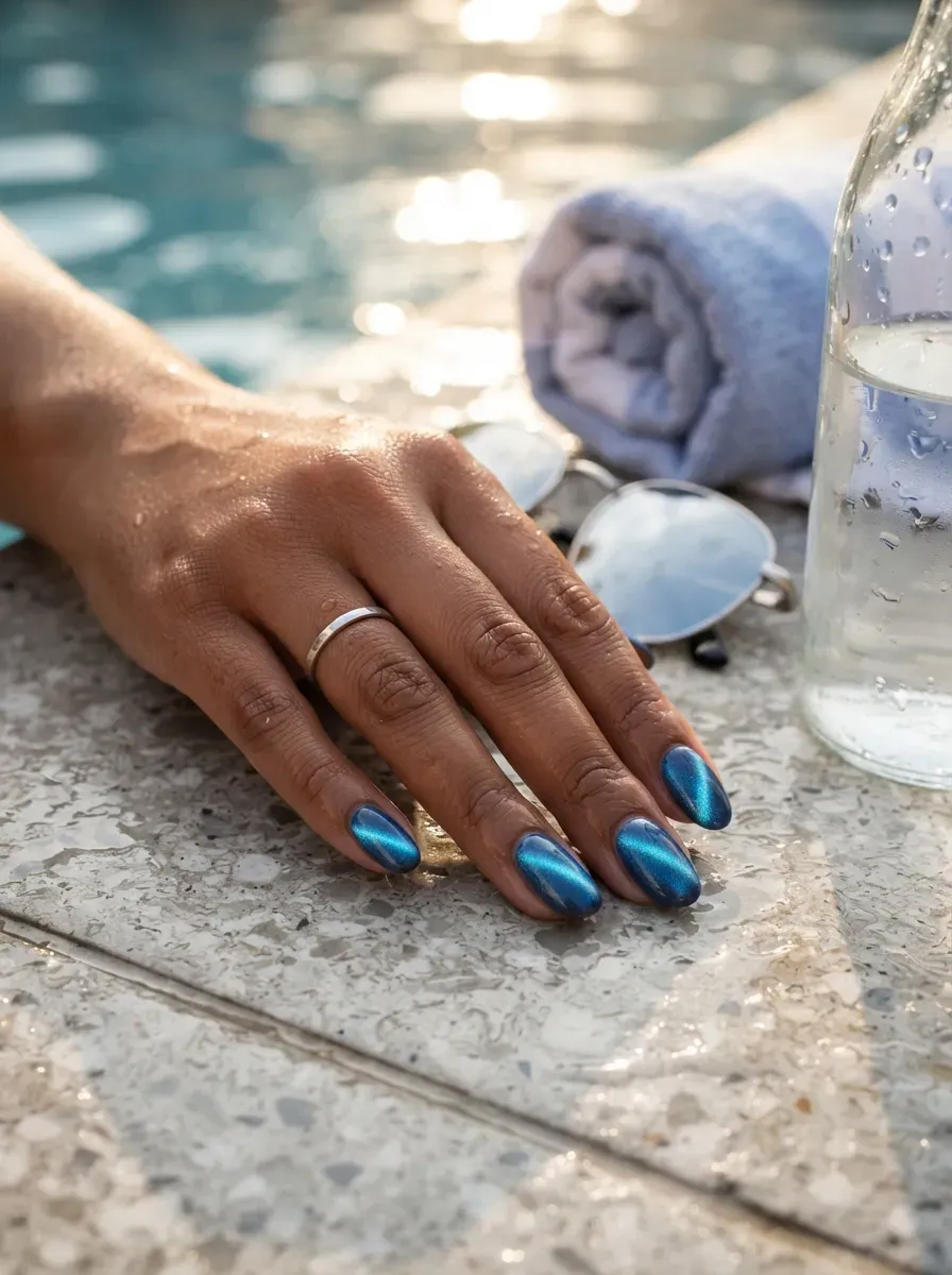Magnetic ocean blue cat-eye manicure glowing on medium oval nails