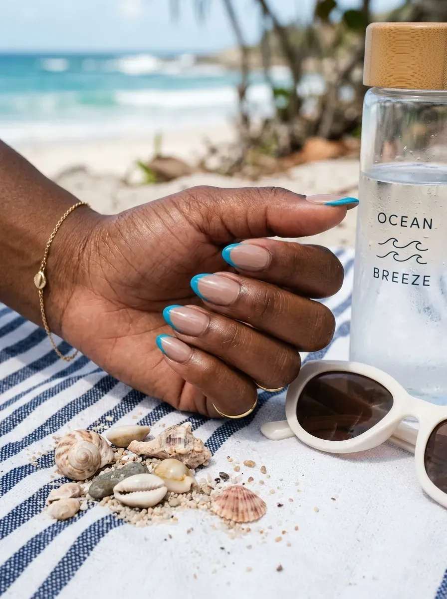Ocean blue French tips on oval nude nails with deep brown skin
