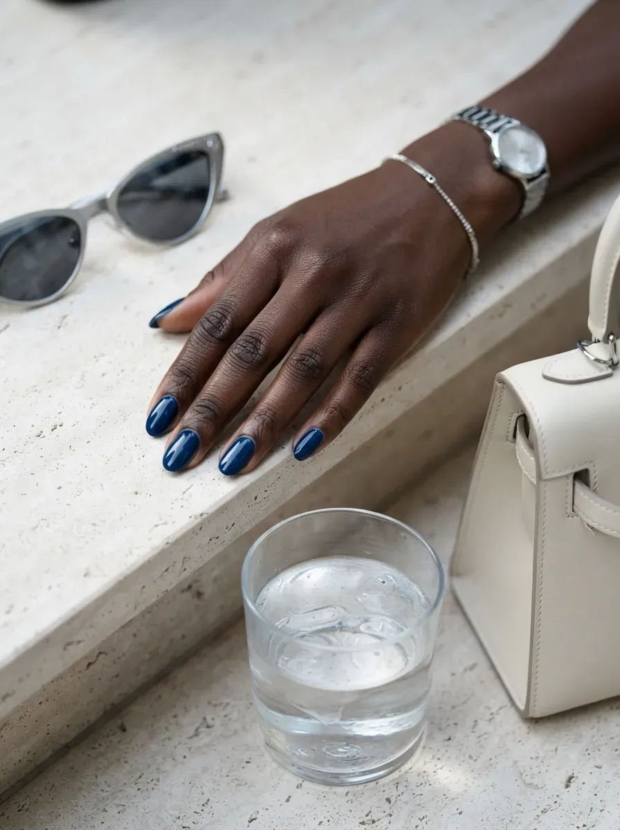 Glossy ocean blue oval nails on dark brown skin with silver accessories